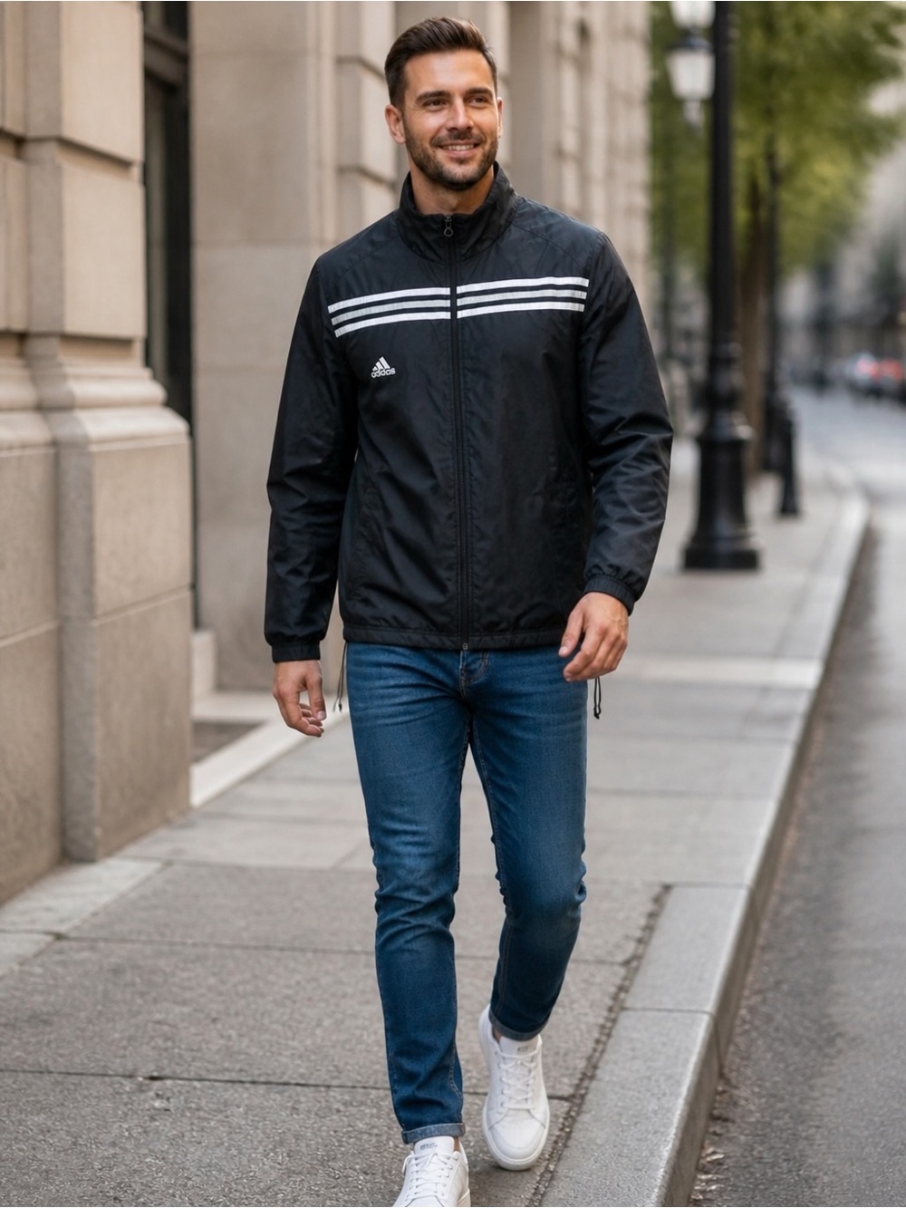Adidas Men's Black Windbreaker Jacket with White Stripes 2X